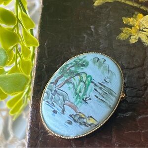 Vintage Unique Handpainted Landscape On Satin Fabric Brooch 1.5”x1.75”